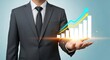 © The Little Hut - Businessman holding a glowing bar chart with upward trending arrow, representing financial growth and success
