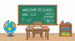 © SINIKI - A cartoon illustration of an empty classroom with a chalkboard, desk, chair, globe, and bookshelf, ready for learning.