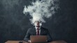 © olga_demina - Stressed businessman sitting at desk with laptop, head exploding with smoke from overwhelming information overload, experiencing migraine and burnout in a chaotic office environment