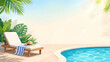 © Rey - Sunbed sits beside a turquoise swimming pool surrounded by lush tropical palm leaves under a bright summer sky.