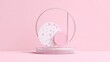 © Evelyn - Three dimensional abstract geometric display platform featuring pastel pink solid and speckled circular shapes