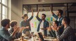 © GoldenEye - Diverse team celebrating success in a modern office meeting room.