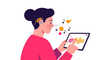 © Raquel - Woman with Cochlear Implant Using Digital Tablet for Music, Flat Vector Illustration of Accessibility and Assistive Technology for Hearing Loss