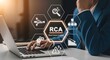 © Vectorly Creative - Business person working on a laptop with a glowing digital interface displaying root cause analysis concepts and hexagonal for problem solving and data management