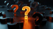 © ALIAJGOR - Glowing orange question mark standing out among dark metal symbols on reflective surface with question solution confusion thinking information business decision uncertainty metallic strategy