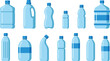 © vector M - Flat Style Blue Plastic Water Bottle Collection Set with Various Shapes and Sizes for Beverage and Packaging Design Projects