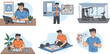© Nasrin - Set of young man daily routine activities including working studying exercising and planning in flat vector illustration