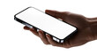 © Ruslan - Human hand holding modern smartphone with blank white screen, isolated on transparent background