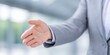 © MdMoinul - a closeup of an executive in a suit, offering their hand for a handshake, with a blurred office background. on the details and texture of their business attire