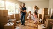 © NE97 - Joyful father holding his son while dancing with his wife and daughters in a new home filled with moving boxes, celebrating family bonding, relocation, and fatherhood.
