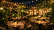 © Cascade Image Studio - Elegant, up-scale, inviting outdoor dining area of a contemporary restaurant or cafe at night, featuring warm gold string lights and cozy environment