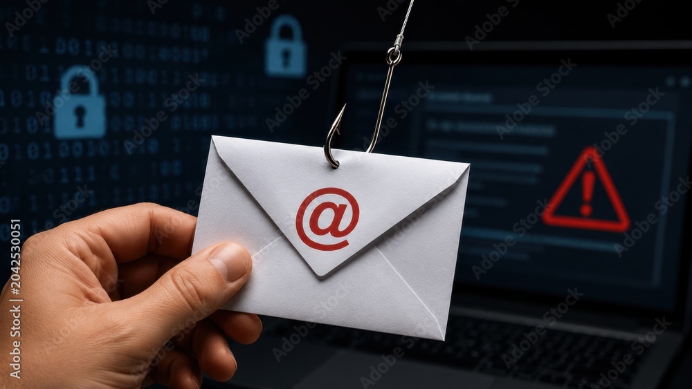 Email envelope hooked as phishing threat over laptop screen Stock Photo ...