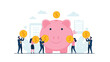 © Bedetha - Financial Growth Concept with business people putting large gold coins into a giant pink piggy bank ideal for banking services, investment blogs, and financial planning presentations.