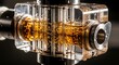 © Asif - Close-up of a transparent industrial fluid flow meter with amber liquid and bubbles