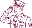© Sadhin - Portrait of a serious military officer in uniform saluting, detailed outline drawing in dark magenta on transparent background.