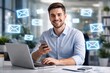 © woters - Smiling man sits at a desk using phone while emails float around him.