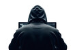 ©  trashorcashvisuals - Back view of Silhouette of a person wearing a dark hooded sweatshirt sitting in front of a glowing computer screen coding or hacking  