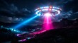 © Sabar - Alien UFO Spaceship Descends with Pink and Blue Beams Over Nighttime Landscape