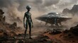 © Tara - Alien visitor standing on Mars with UFO spaceship landing in dusty desert landscape.