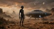 © Tara - Alien creature and UFO spaceship landing on desolate desert planet with twin moons in sky