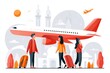 © LgsDesign - Group of diverse people standing near an airplane and cityscape background