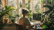 © LgsDesign - Woman working from home surrounded by plants, natural light, cozy home office