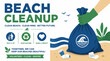 © STICH99 - Beach cleanup graphic with volunteer hand holding trash bag and icons promoting environmental action