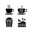 © DULALI - Four black glyph featuring hot drinks and desserts including coffee cups, a muffin, and a slice of cake, isolated on a white background