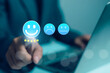 © wanchai peatoo - Customer satisfaction survey with five-star rating and positive feedback icon on a digital interface, representing customer experience, online reviews, service quality, user feedback, reputation.