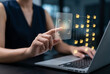 © Rohan Katwe - Hand interacting with holographic document management system, digital file organization, enterprise data retrieval, cloud storage, records management, document indexing, business technology, workflow