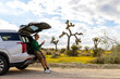 © Raymond Forbes LLC/Stocksy - Tourist texting mobile phone Joshua Tree Road trip break