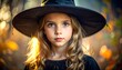 © Sirep - Child with blond curls and black witch hat, forest backdrop bathed in golden sunlight, looking directly at the viewer