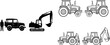 © Bulbuli - Heavy machinery and vehicles icon set featuring tractor excavator and off road car silhouettes for construction and agriculture design
