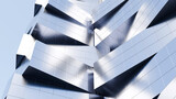 Modern 3D architectural close-up featuring a futuristic skyscraper facade with interlocking silver metallic panels and sharp shadows. Ideal for real estate and corporate web banners