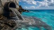 © Muhammad - Polluted water flows from a concrete pipe into a vibrant blue ocean, contrasting environmental damage with natural beauty.