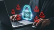 © Ruhanul - Person in suit using laptop with artificial intelligence padlock icon and multiple warning symbols indicating cyber security risks and critical data threats for online systems.