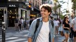 © Editorial - Young adult walking through a vibrant city street on a weekend afternoon, casual fashion, natural smile, candid movement