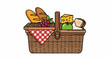 © Agomo - A woven picnic basket filled with fresh food items like bread, fruit, and cheese
