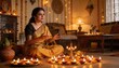 © Future Vision - Lighting woman in mustard-gold saree placing earthen diyas on trays in living room, with marigolds