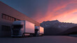 © photo for everything - Modern cargo transport trucks lined up at a logistics warehouse, ready for delivery at beautiful sunset, showcasing global supply chain and distribution