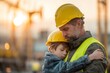© WindyNight - Caucasian construction dad in yellow hard hat and vest hugging his young son also in hard hat at building site. Golden hour light. Father's Day builder career concept, copy space.