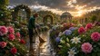© Hudaifsyahad - Gardener cleaning a rain-kissed flower garden after a storm, surrounded by blooming roses, hydrangeas and lilies. Golden sunlight reflects on wet pathways, creating a luxurious scene.