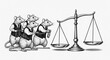 © Falma - Cartoon rats balancing justice scales in legal parody illustration.