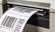 © Future Vision - Printing white adhesive barcode label strip emerging from printer at workstation, showing cutter