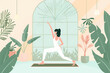 ©  wata _Japan - Young woman practicing yoga warrior pose in a plant filled room
