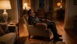 © Future Vision - Reclining man in dark shirt in armchair gazing upward in living room, with side table lamp