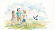 © Natalia - Three children holding hands while playing in a sunny field - Concept of watercolor sketch kids
