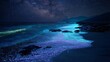 © Olena Vasylieva - Bioluminescent plankton glows on night beach under milky way sky. Magic plankton creates blue light on sea shore water. Natural phenomenon with glowing sand and starry night landscape.