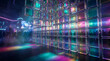 © Thai - Vibrant neon geometric mosaic featuring glowing colorful squares and bright light boxes creating a dynamic backdrop for festive parties or immersive gaming room environments.