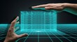 © Brightframehub - Hands touching holographic city building blueprint in futuristic digital architecture concept